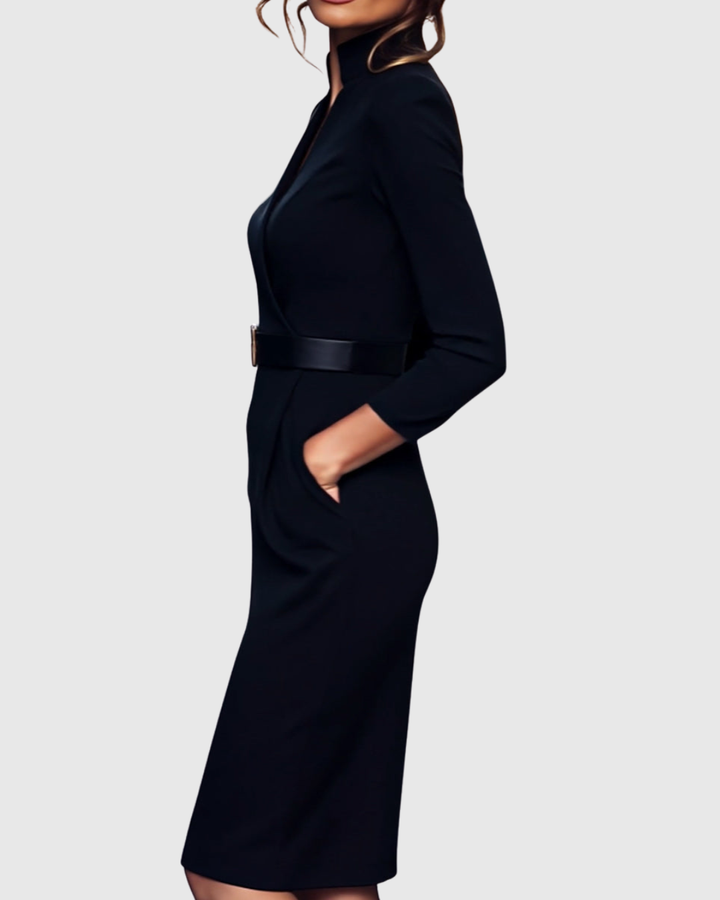 Elinor - Women's Belted V-Neck Pencil Midi Dress