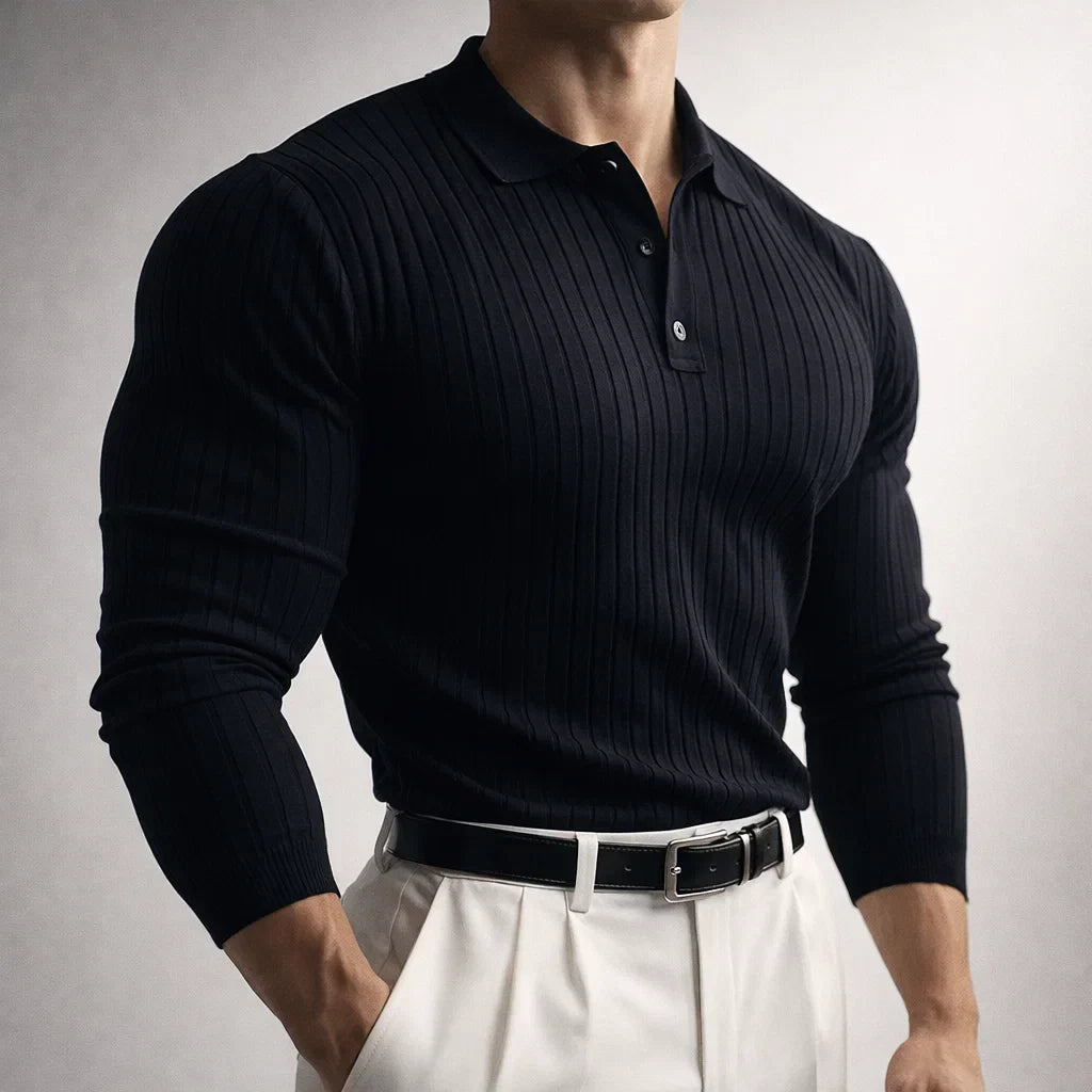 Elliot - Men's Vertical Ribbed Polo with Button Collar
