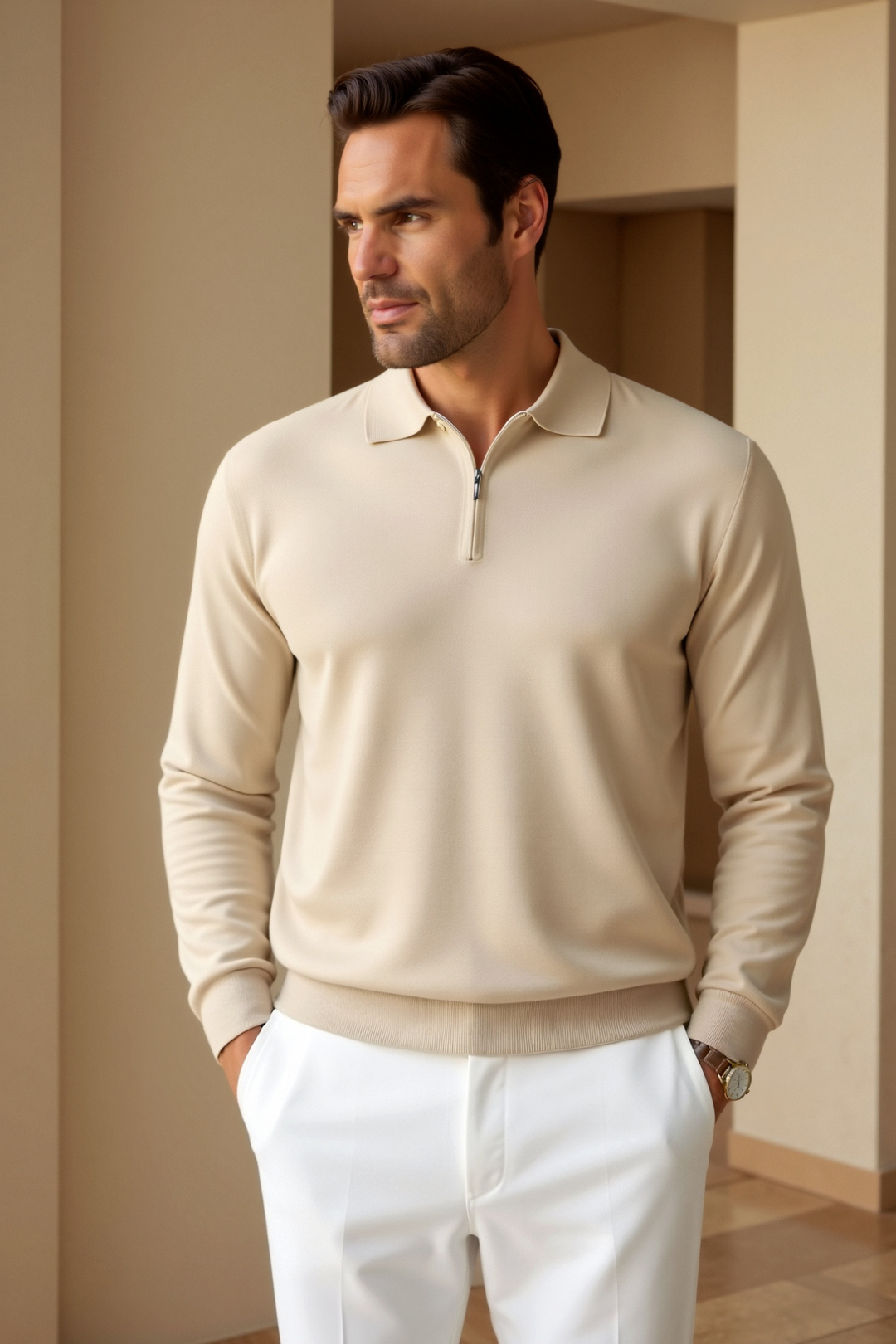 Everett - Men's Long-Sleeve Polo with Half-Zip Front