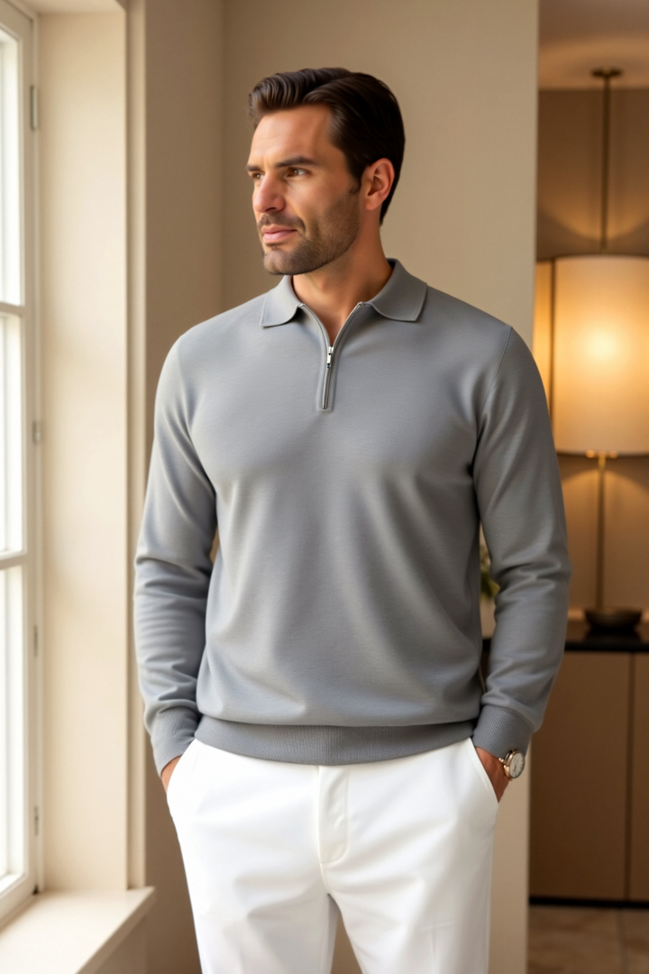 Everett - Men's Long-Sleeve Polo with Half-Zip Front
