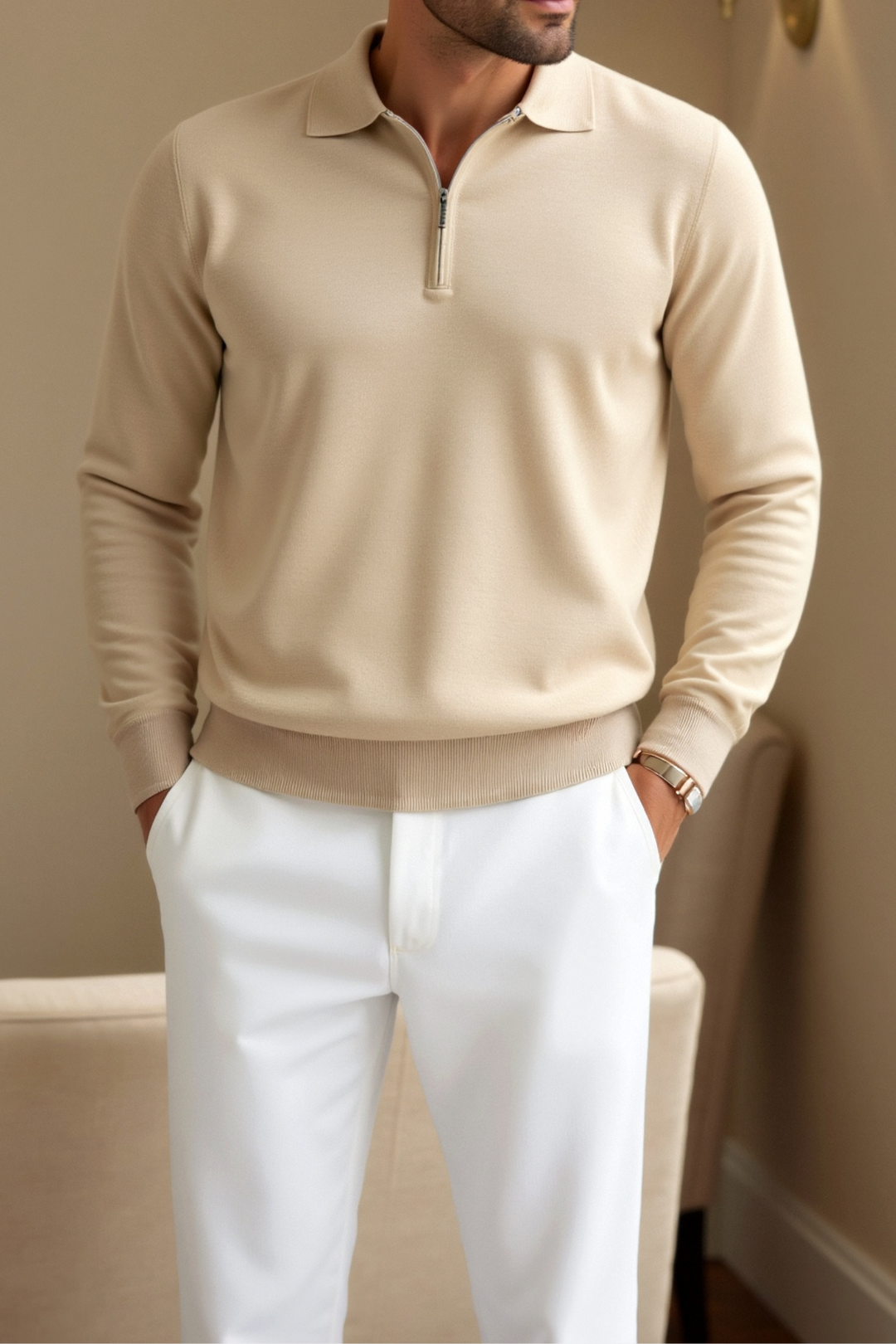Everett - Men's Long-Sleeve Polo with Half-Zip Front