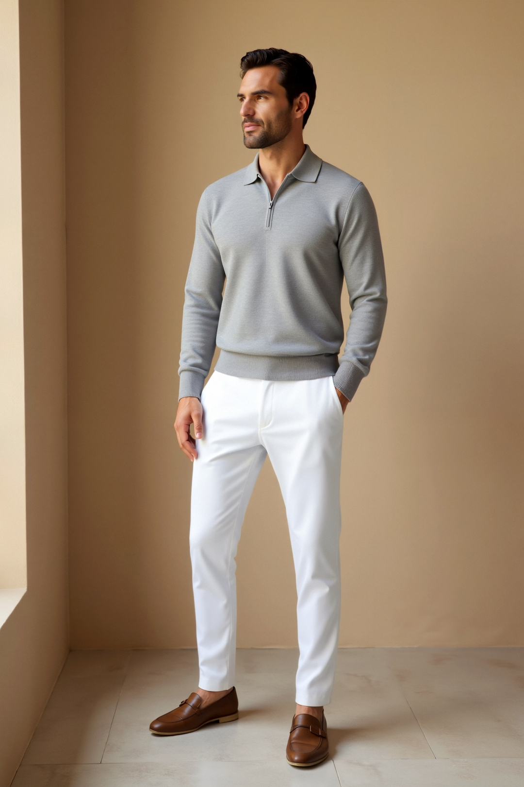 Everett - Men's Long-Sleeve Polo with Half-Zip Front