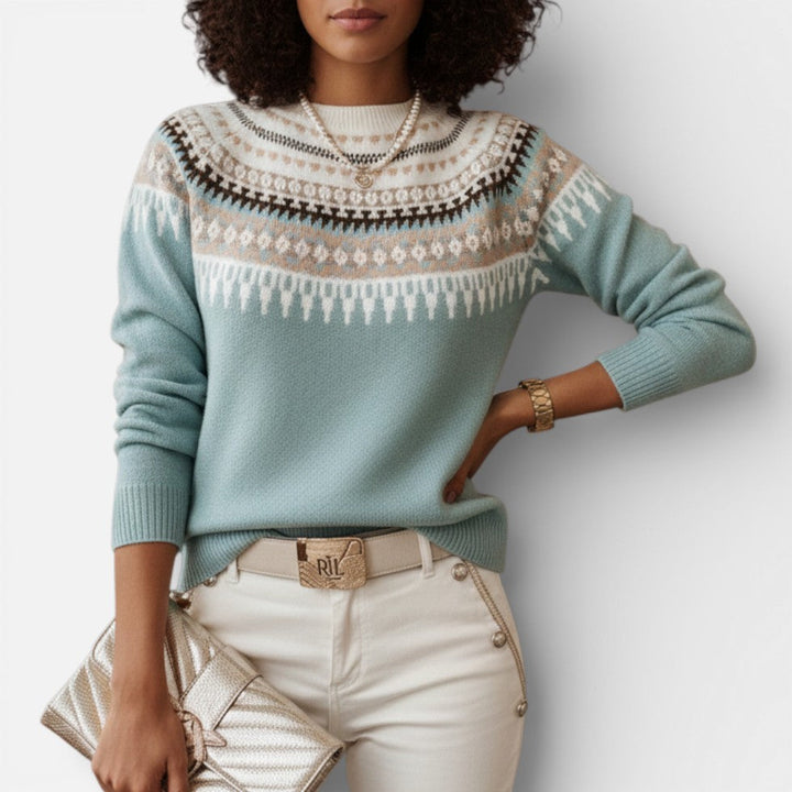 Hazel - Women's Fair Isle Crewneck Sweater with Jacquard Pattern
