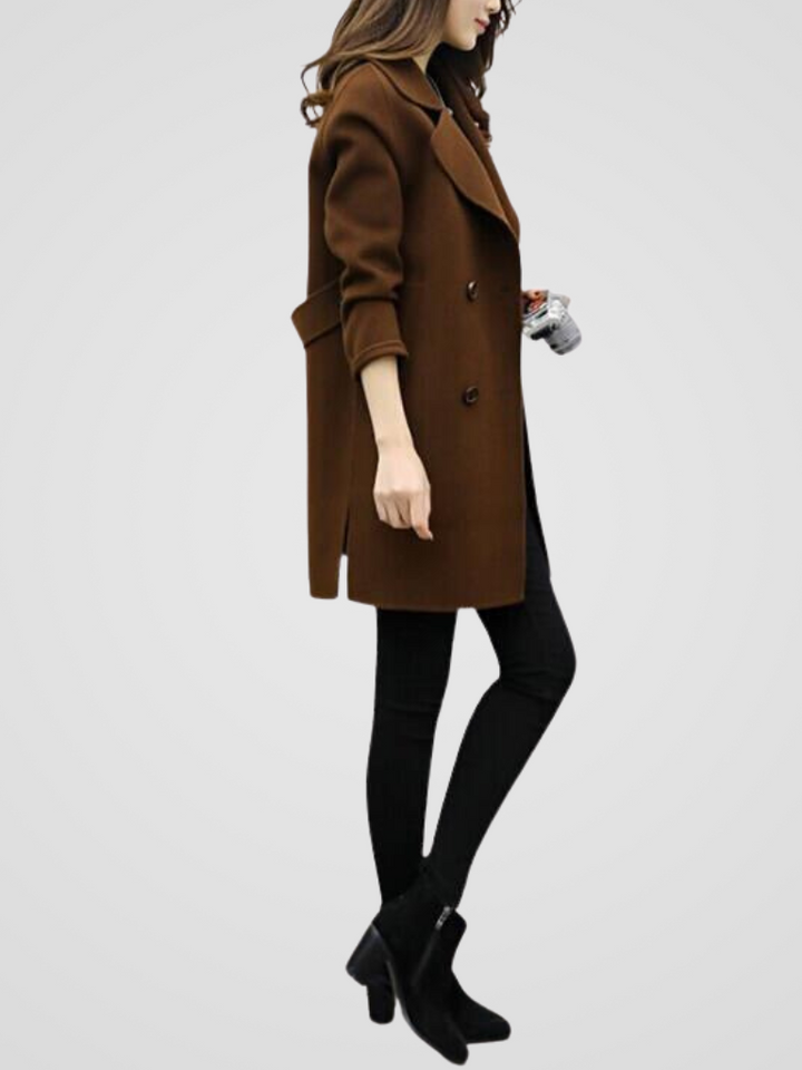 Isadora - Women's Double-Breasted Longline Coat with Notch Lapel