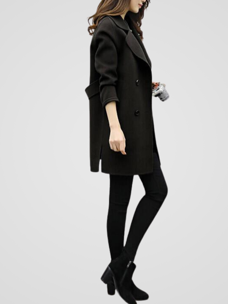Isadora - Women's Double-Breasted Longline Coat with Notch Lapel