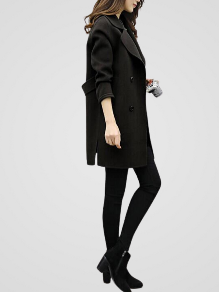 Isadora - Women's Double-Breasted Longline Coat with Notch Lapel