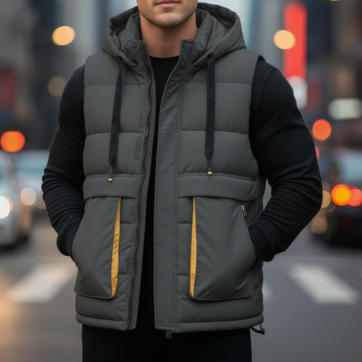Kevin - Men's Hooded Puffer Vest with Cargo Pockets