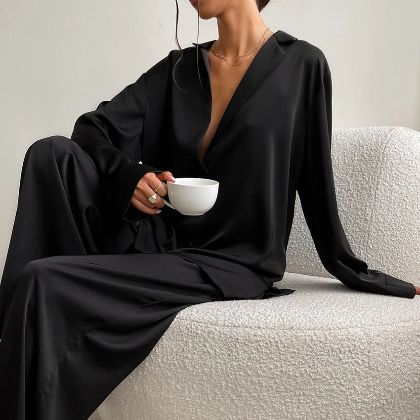 Kimberly - Women's Oversized Notch-Lapel Silk Pajama Set