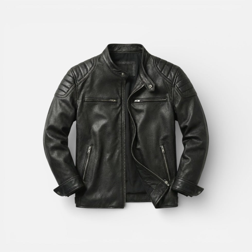 Liam - Men's Quilted-Shoulder Leather Moto Jacket with Front Zip