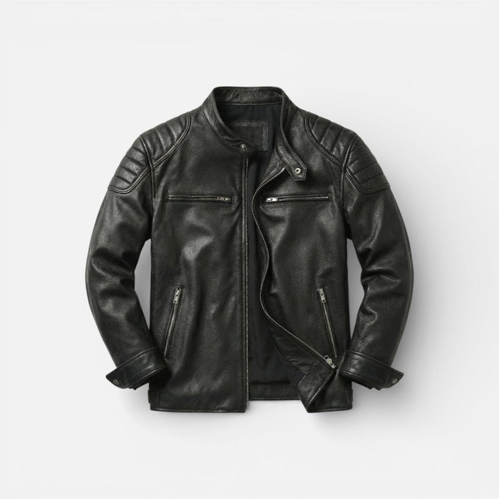 Liam - Men's Quilted-Shoulder Leather Moto Jacket with Front Zip