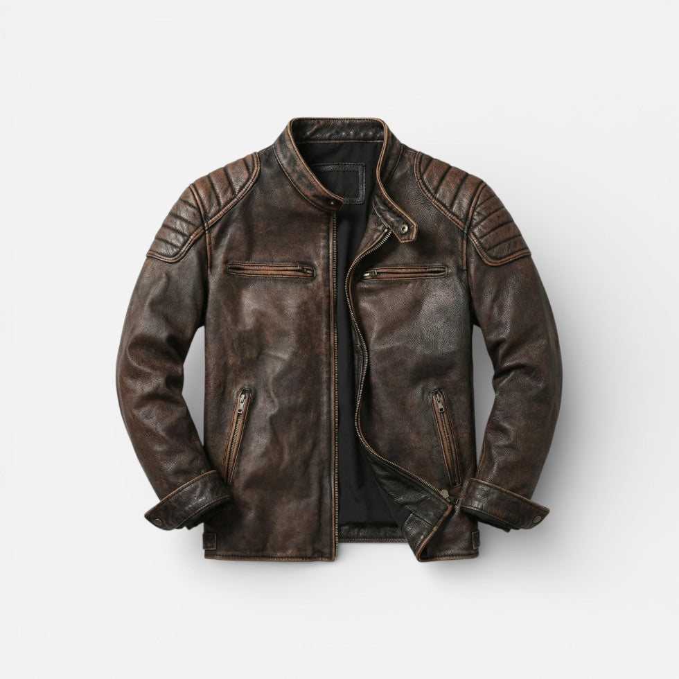 Liam - Men's Quilted-Shoulder Leather Moto Jacket with Front Zip