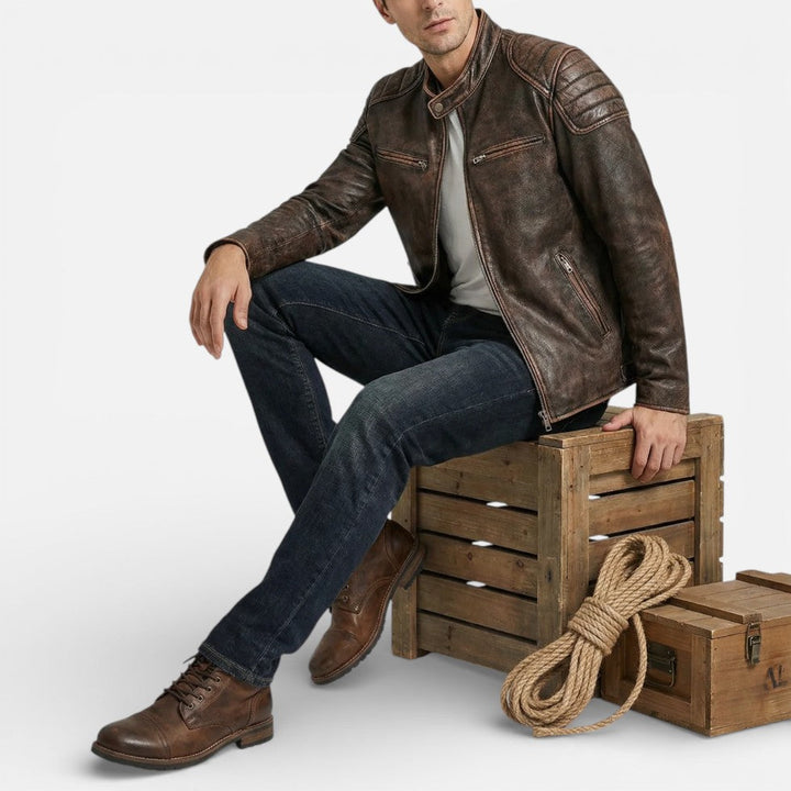 Liam - Men's Quilted-Shoulder Leather Moto Jacket with Front Zip