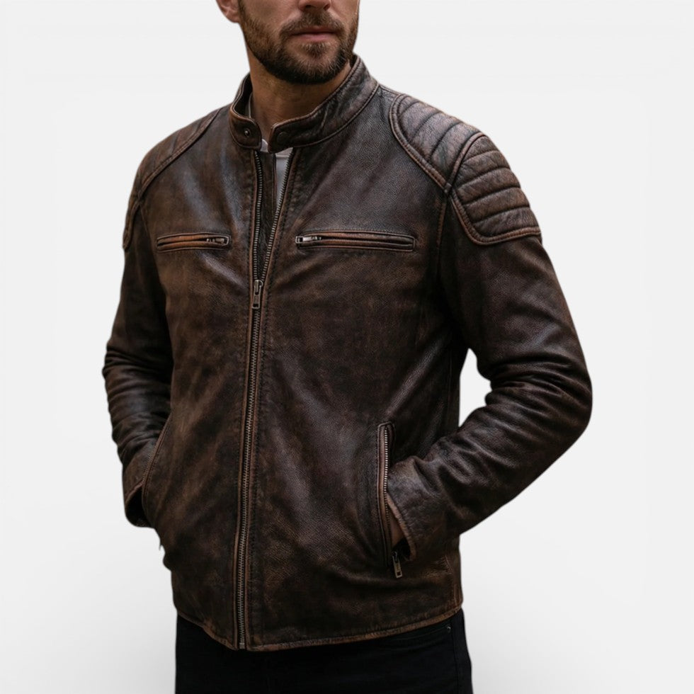 Liam - Men's Quilted-Shoulder Leather Moto Jacket with Front Zip