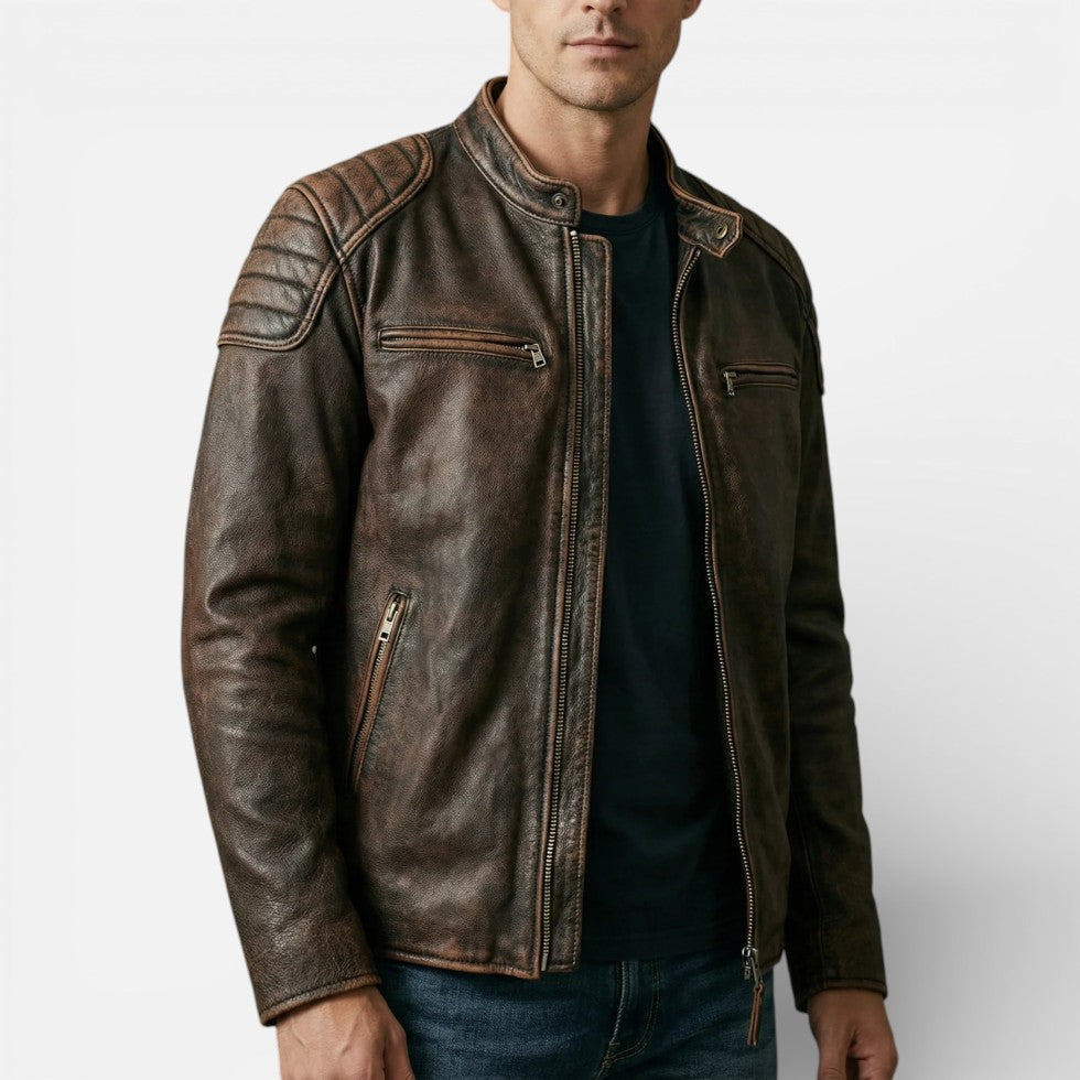 Liam - Men's Quilted-Shoulder Leather Moto Jacket with Front Zip