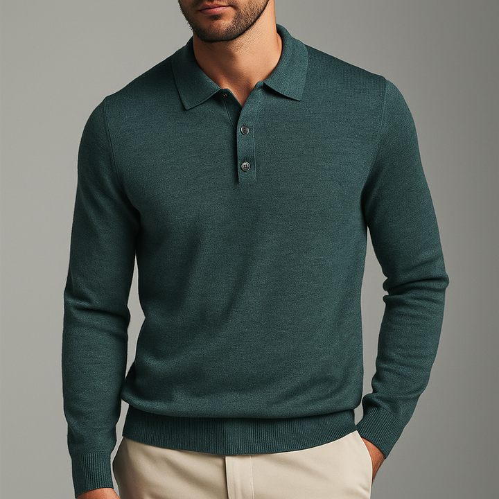 Lucas - Men's Long-Sleeve Wool Polo with Button Placket