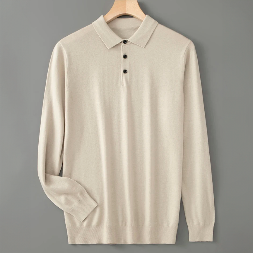 Lucas - Men's Long-Sleeve Wool Polo with Button Placket