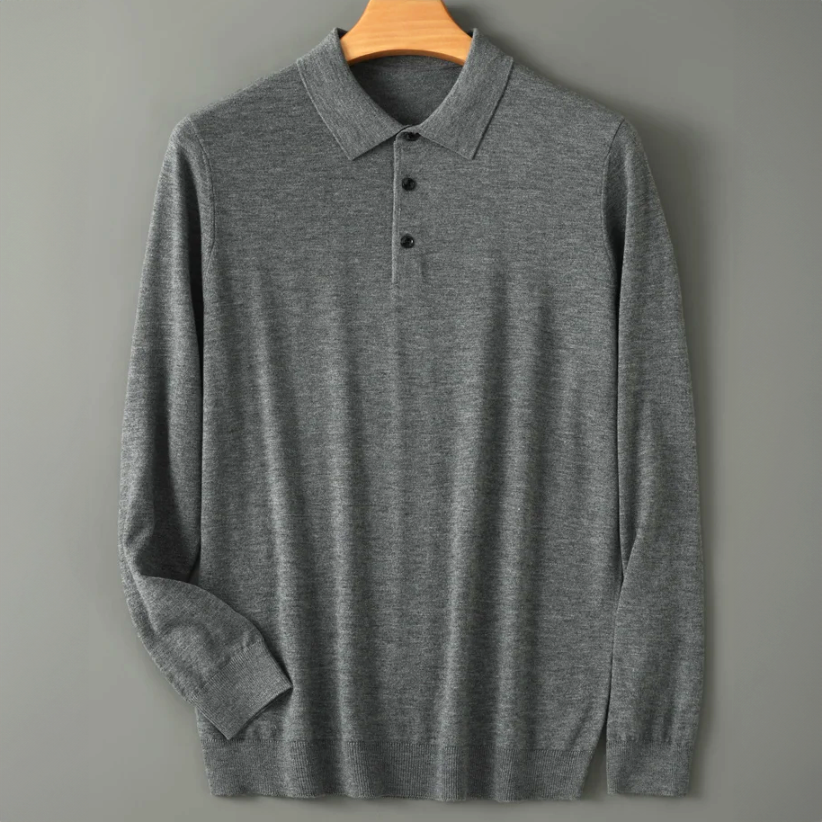 Lucas - Men's Long-Sleeve Wool Polo with Button Placket