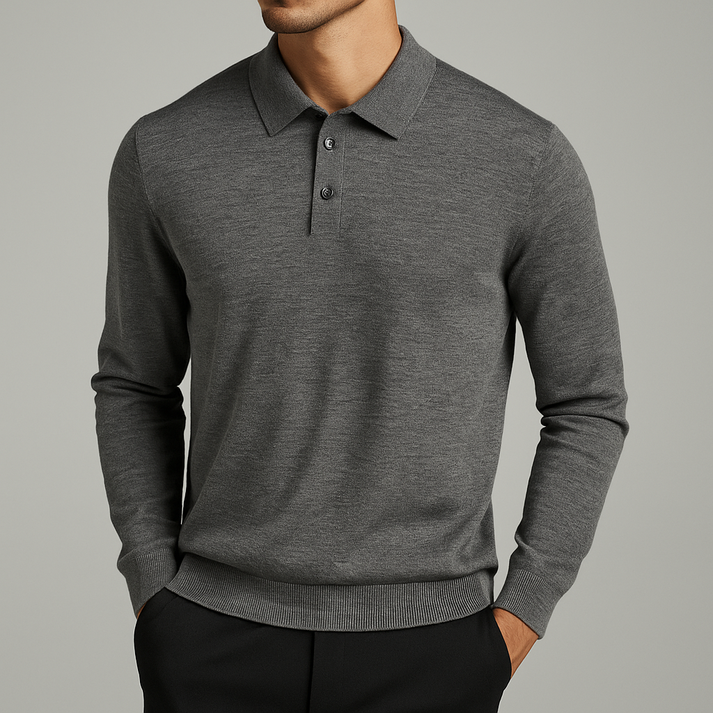 Lucas - Men's Long-Sleeve Wool Polo with Button Placket
