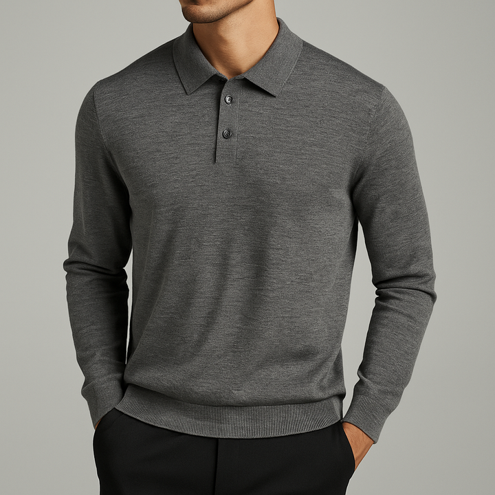 Lucas - Men's Long-Sleeve Wool Polo with Button Placket