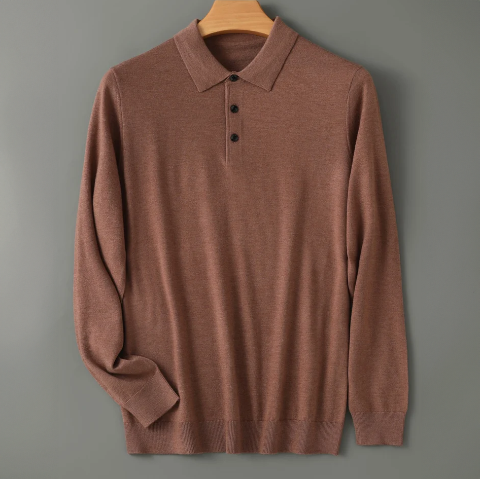 Lucas - Men's Long-Sleeve Wool Polo with Button Placket