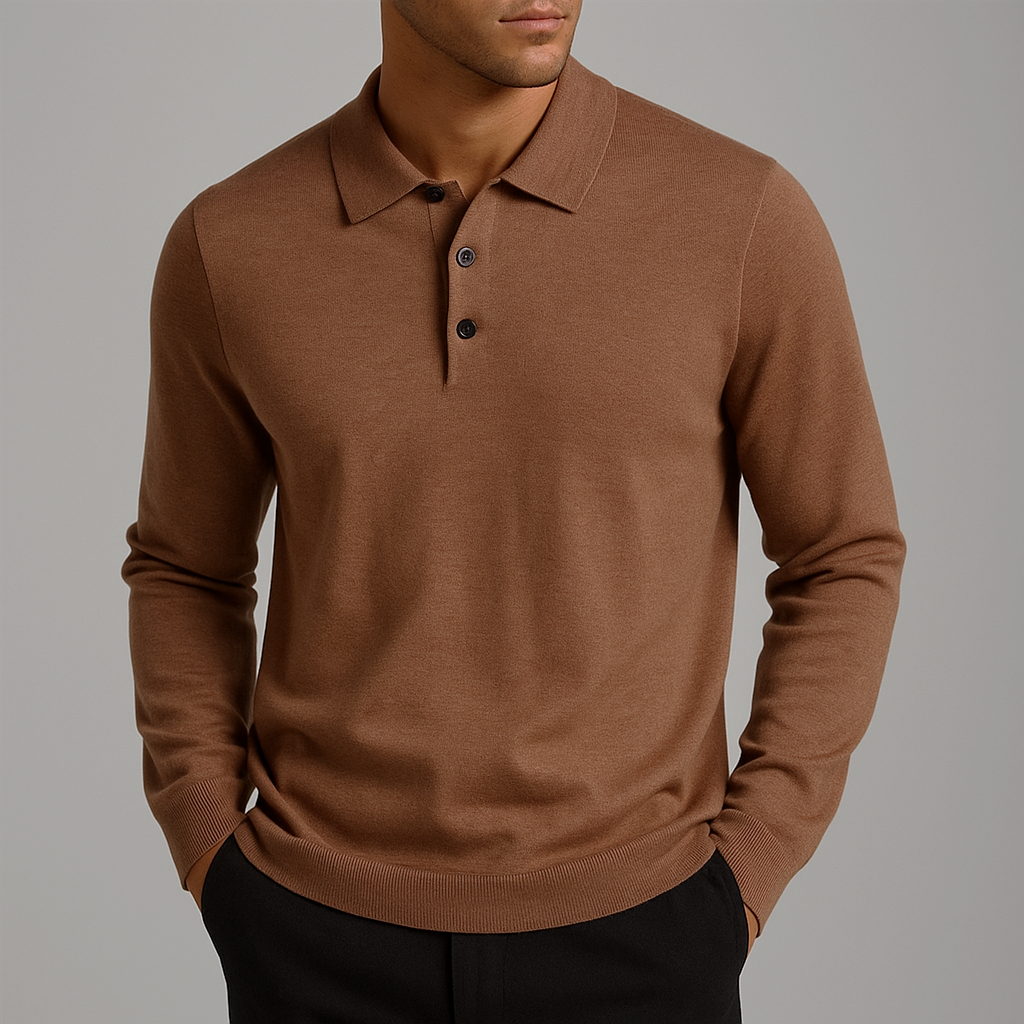 Lucas - Men's Long-Sleeve Wool Polo with Button Placket