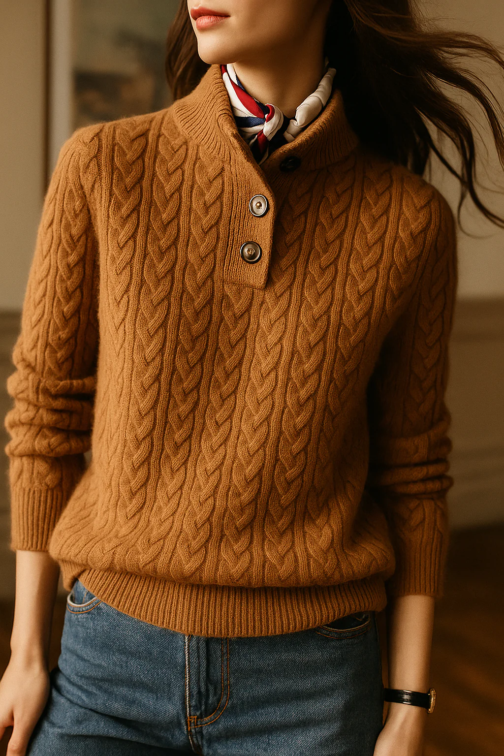 Myra - Women's Cable-Knit Pullover with Mock Neck Button Placket
