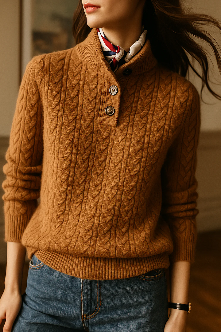 Myra - Women's Cable-Knit Pullover with Mock Neck Button Placket