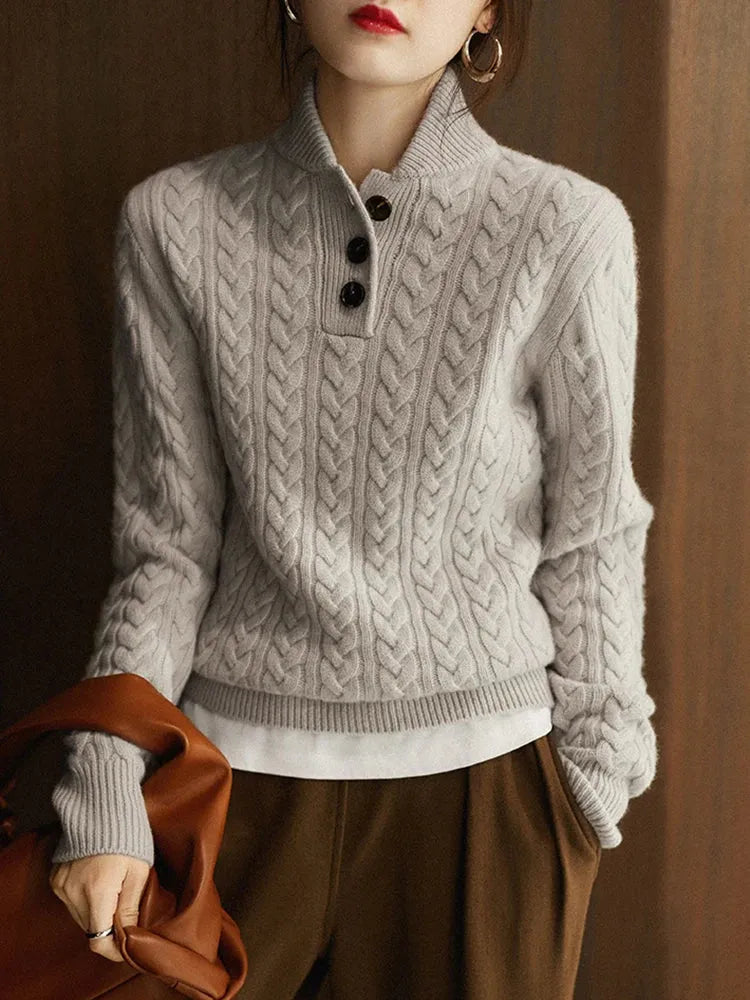 Myra - Women's Cable-Knit Pullover with Mock Neck Button Placket