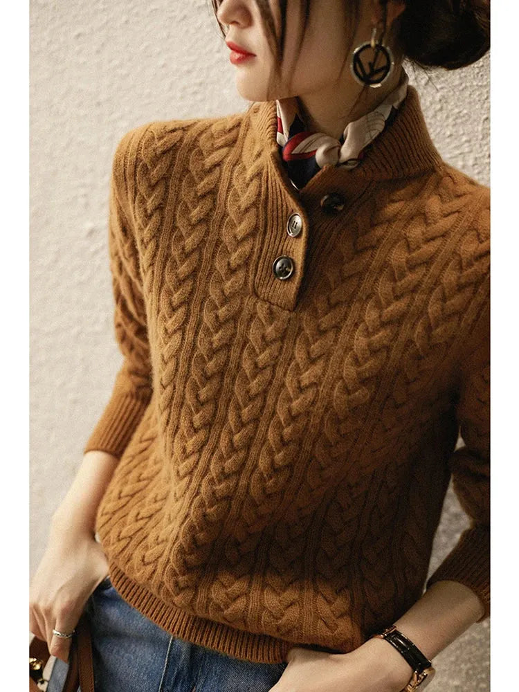 Myra - Women's Cable-Knit Pullover with Mock Neck Button Placket
