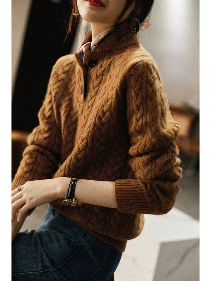 Myra - Women's Cable-Knit Pullover with Mock Neck Button Placket