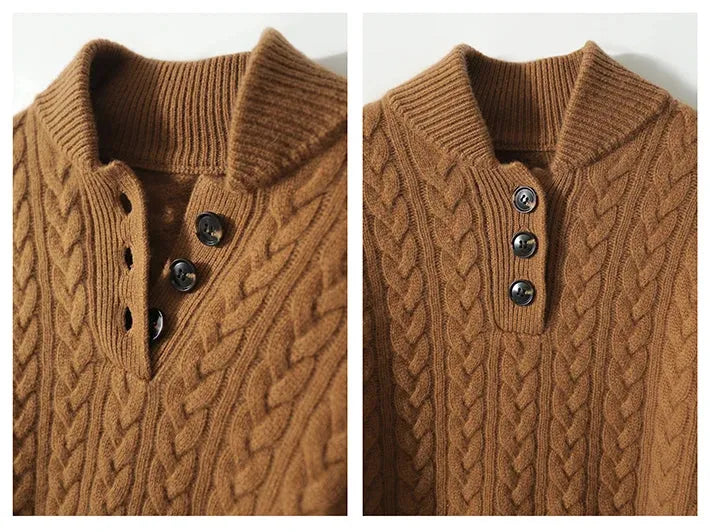 Myra - Women's Cable-Knit Pullover with Mock Neck Button Placket