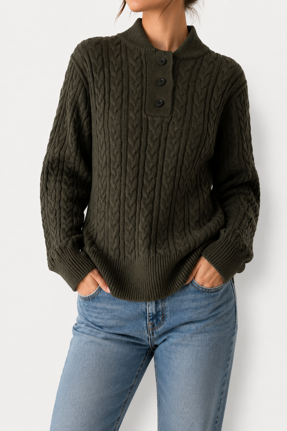 Myra - Women's Cable-Knit Pullover with Mock Neck Button Placket