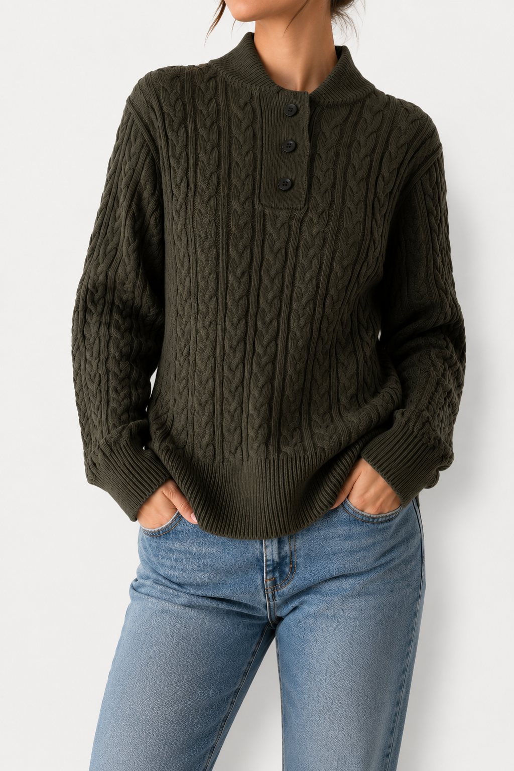 Myra - Women's Cable-Knit Pullover with Mock Neck Button Placket