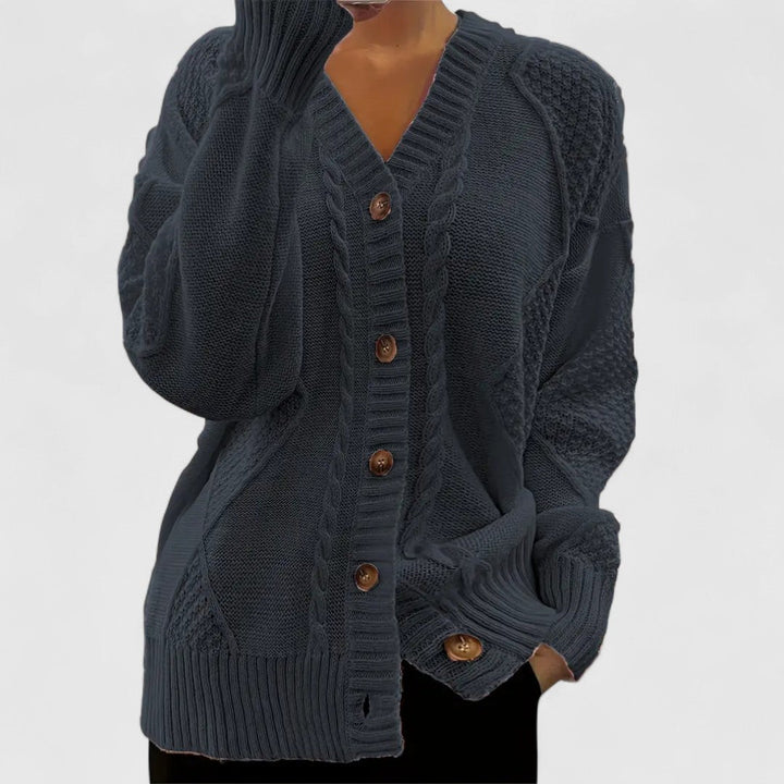 Natalie - Women's Cable-Knit V-Neck Button Cardigan
