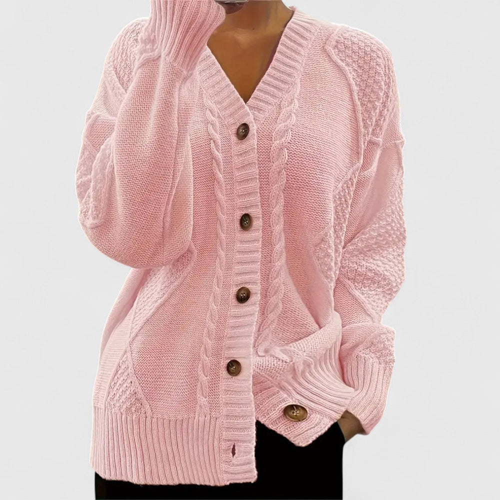 Natalie - Women's Cable-Knit V-Neck Button Cardigan