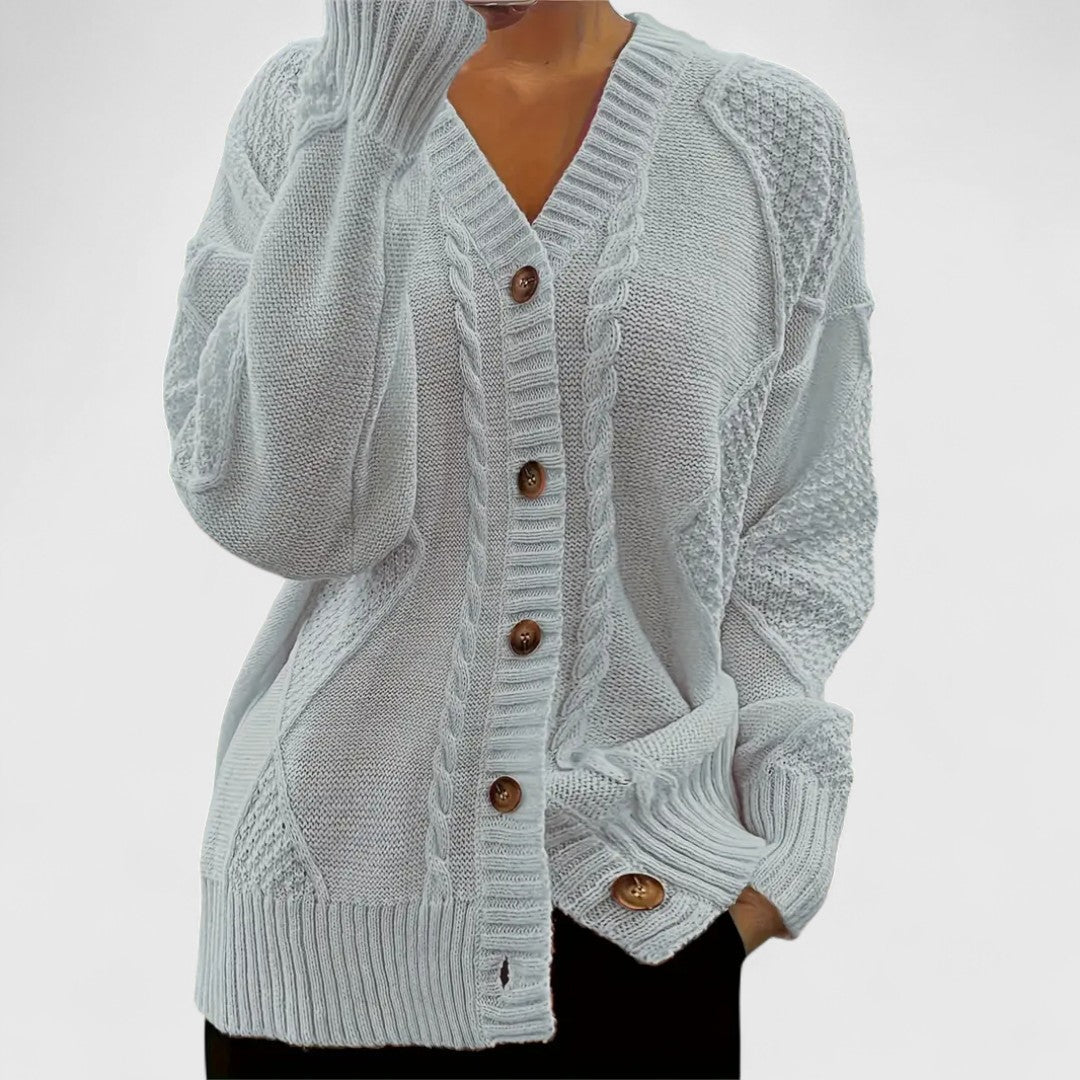 Natalie - Women's Cable-Knit V-Neck Button Cardigan