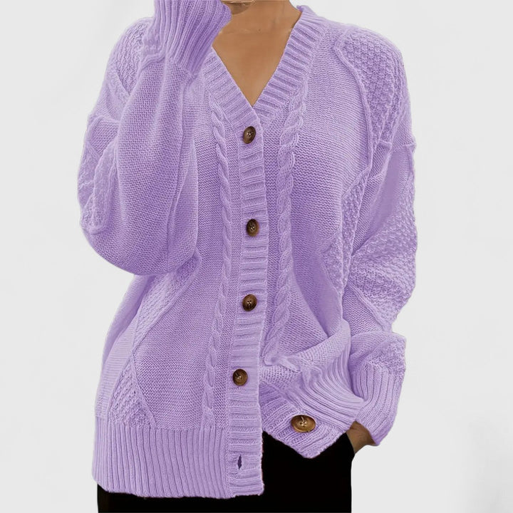 Natalie - Women's Cable-Knit V-Neck Button Cardigan