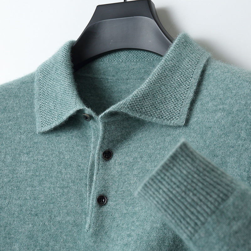 Reuben - Men's Button-Front Merino Wool Polo with Textured Collar