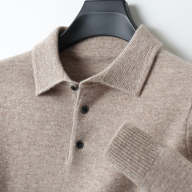 Reuben - Men's Button-Front Merino Wool Polo with Textured Collar
