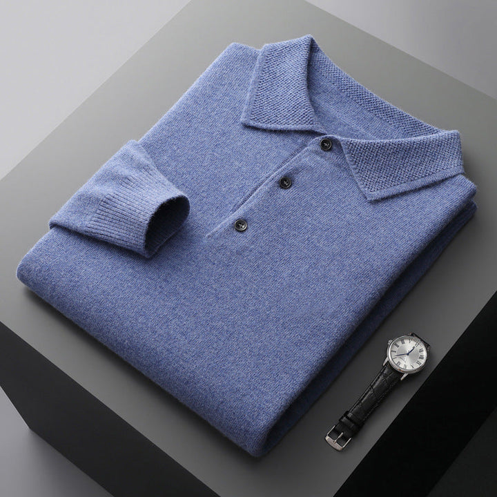 Reuben - Men's Button-Front Merino Wool Polo with Textured Collar