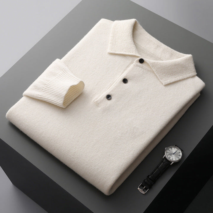 Reuben - Men's Button-Front Merino Wool Polo with Textured Collar