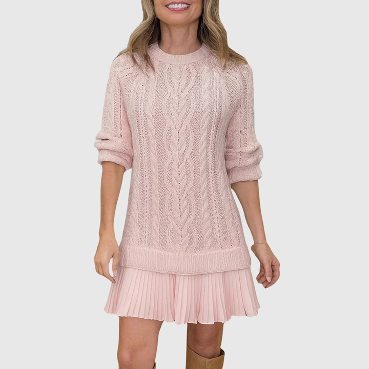 Tilda - Women's Cable-Knit Sweater Dress with Pleated Drop Hem