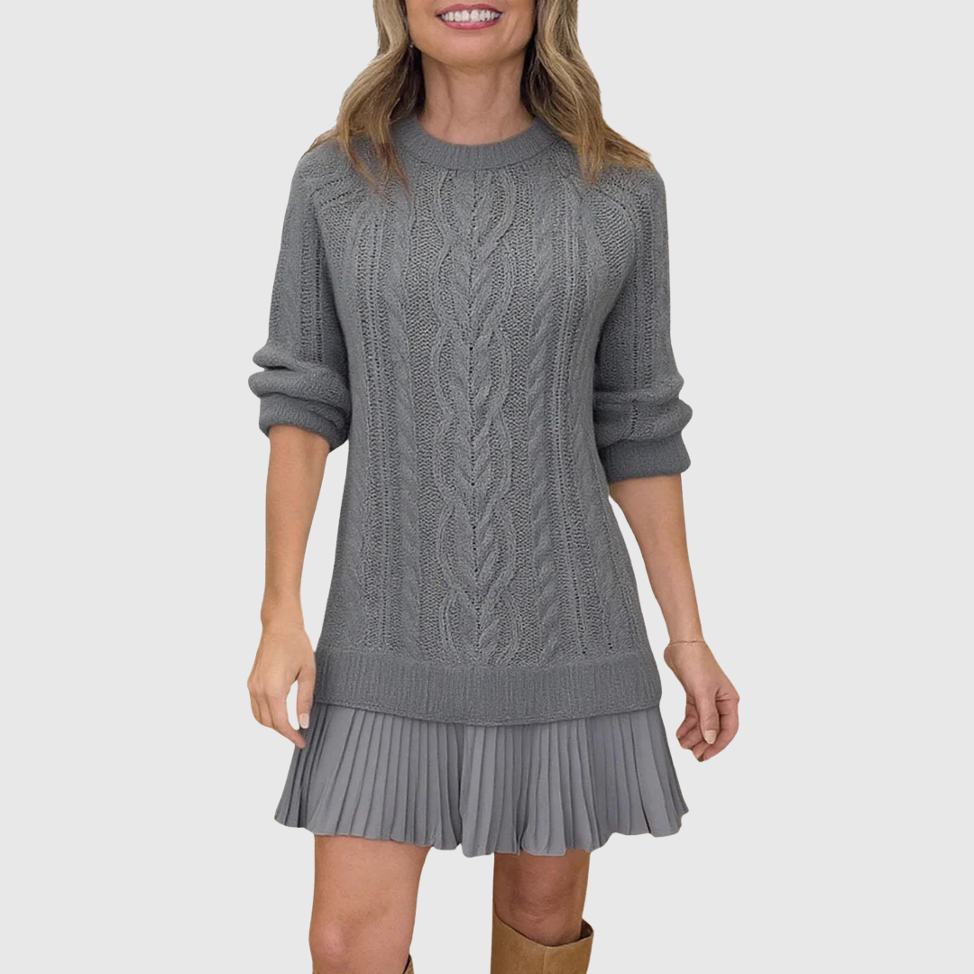 Tilda - Women's Cable-Knit Sweater Dress with Pleated Drop Hem