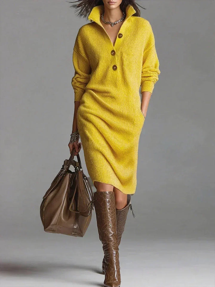 Victoria - Women's Ribbed Button-Front Collared Midi Dress