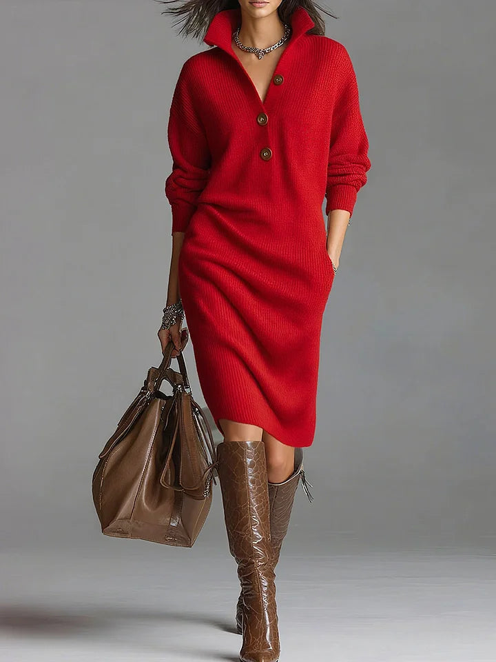 Victoria - Women's Ribbed Button-Front Collared Midi Dress